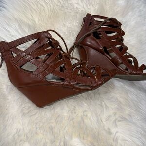 Material Girl Brown Strappy Lace-Up Wedge Sandals